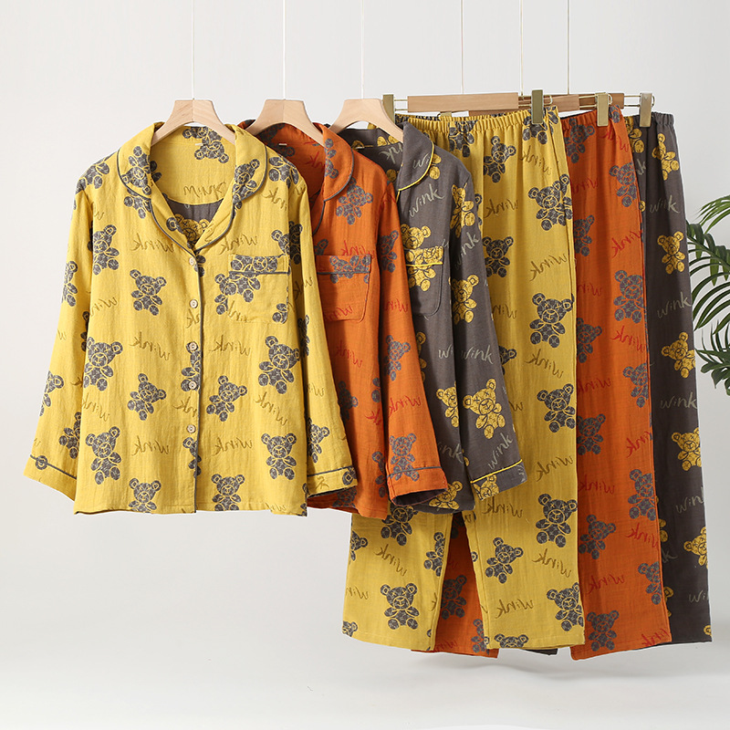 新款色织提花女士睡衣纯棉双层复古长袖长裤薄款春夏季家居服厂家