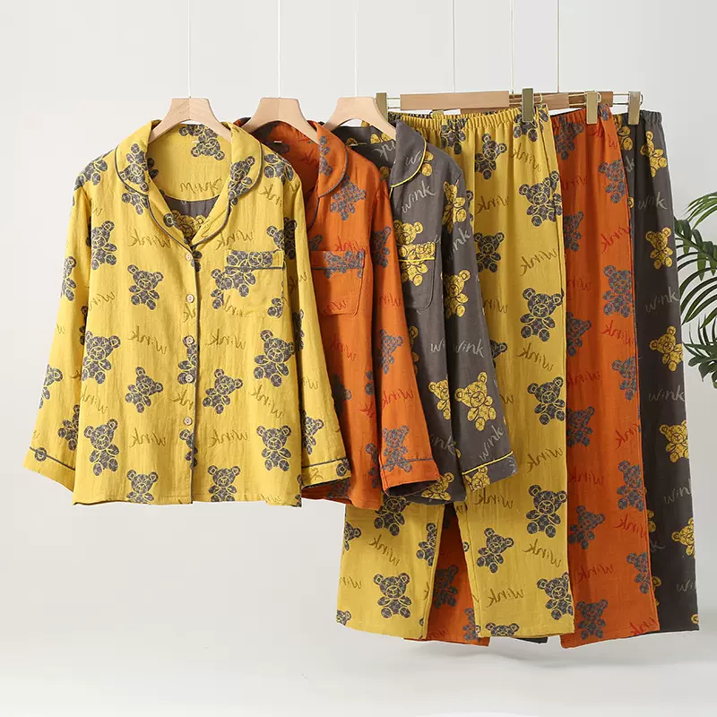 新款色织提花女士睡衣纯棉双层复古长袖长裤薄款春夏季家居服厂家