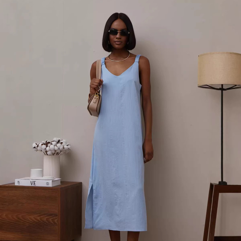 2026 European and American Summer New Style Suspender Dress with Side Slit, Loose, Fashionable and Sexy Dress, Straight Long Dress 2026 European and American Summer New Style Suspender Dress with Side Slit, Loose, Fashionable and Sexy Dress, Straight Long Dress