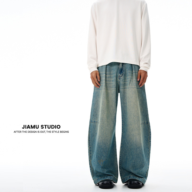 JIAMU美式高街褶皱猫须baggy jeans牛仔裤男女宽松阔腿中性弯刀裤|undefined