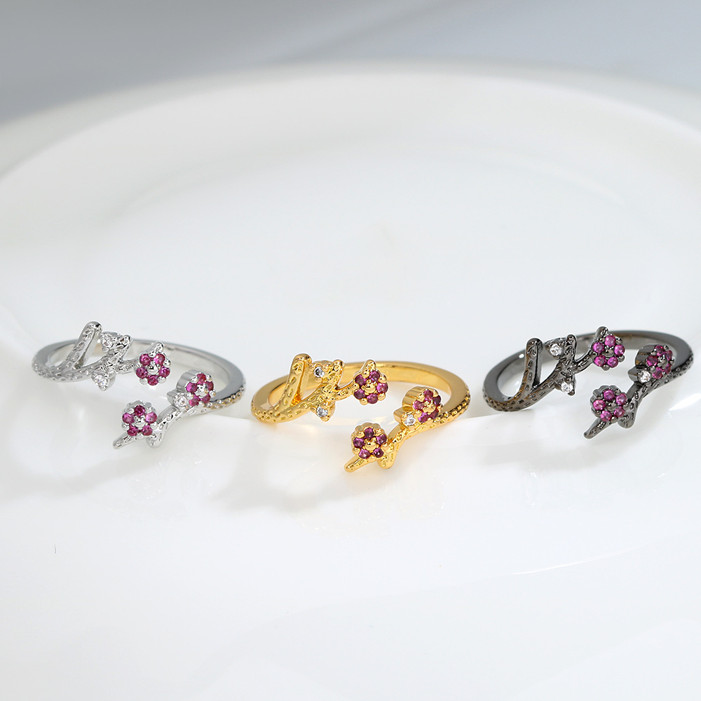 5g Weight Zircon Inlay Material Open Ring Classification Elegant Flower Copper Inlay Zircon Open Ring