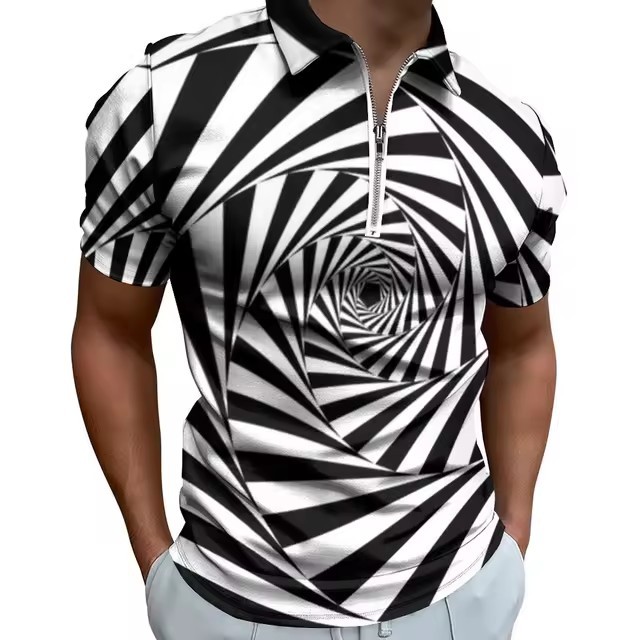 Camisa POLO con cremallera de manga corta suelta y transpirable con estampado 3D de graffiti a rayas irregulares de colores personalizados para hombres
