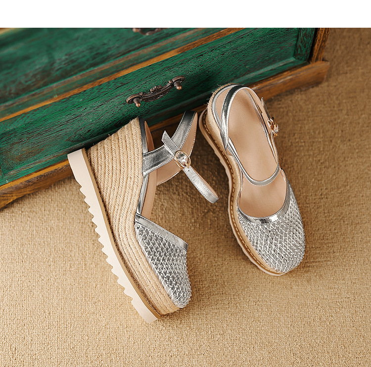 Sandal cao gót nữ mũi nhọn quai ngang đế xuồng đan lưới — màu vàng, bạc chi tiết 15