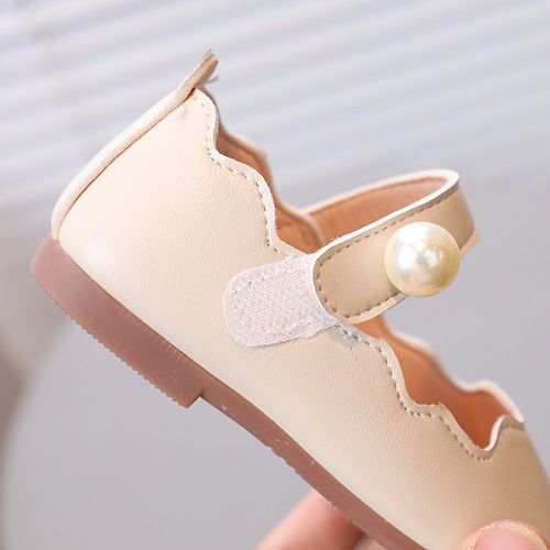 Children's Small Leather Shoes for Girls, Fashion Solid Color Flat Shoes with Large Pearls, Princess Shoes for Little Girls, Soft Sole Dance Shoes