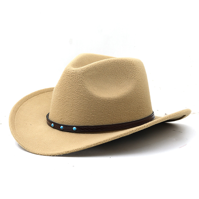 Cappello unisex semplice deformato cappello jazz in lana cappello a cilindro blu turchese cintura tinta unita cappello da cowboy western_voghion.com