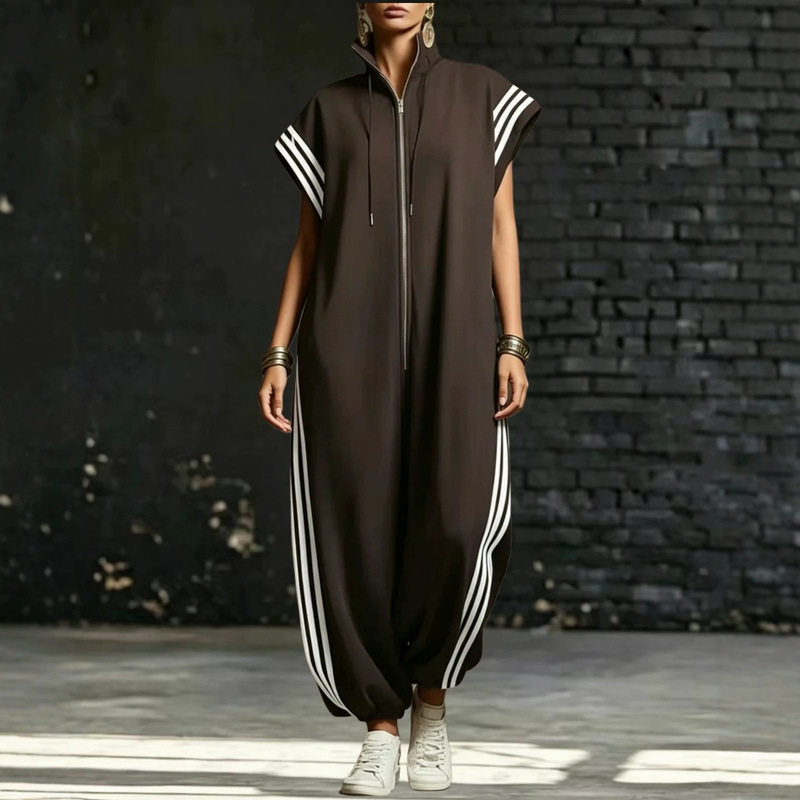 2026 European and American Cross-Border Amazon Foreign Trade New Women's Clothing Spring and Summer Zipper Stand Collar Striped Color-Blocking Fashion Jumpsuit