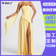 东莞虎门工厂定制跨境女士拼接塑身开叉柠檬黄脖子丝巾抹胸连衣裙