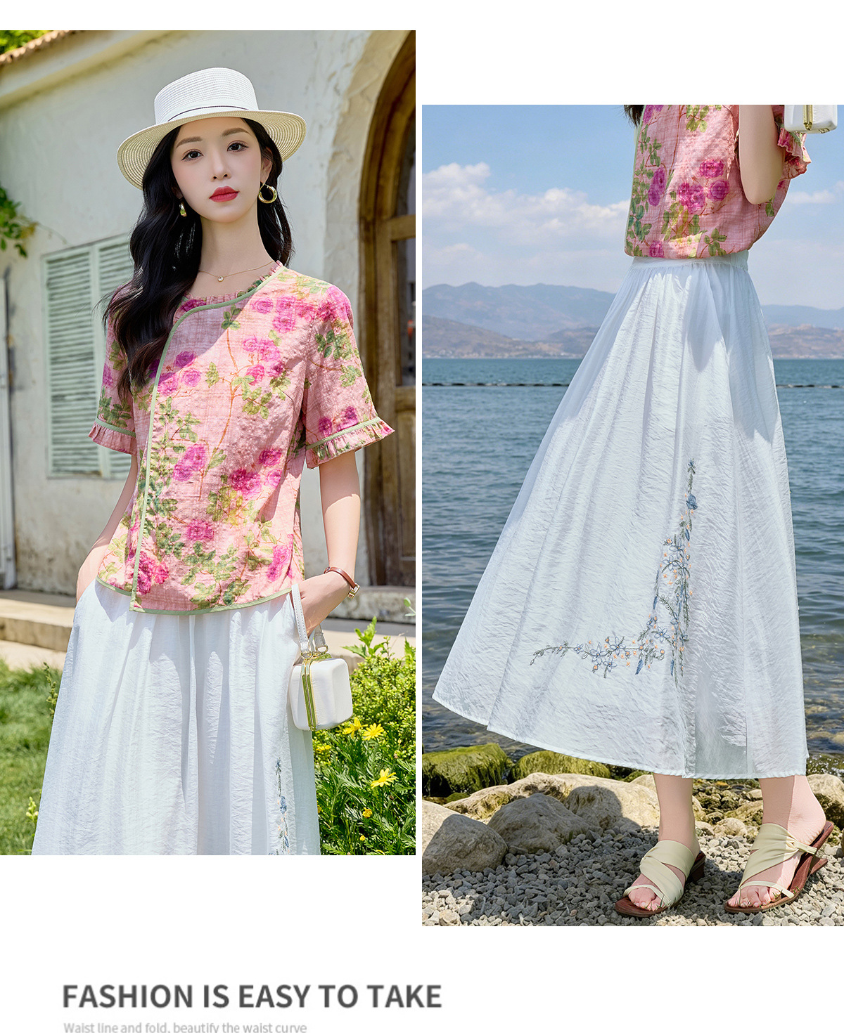 Bộ áo sơ mi in họa tiết cổ điển và chân váy thêu NI8362 — Màu ảnh chi tiết 14