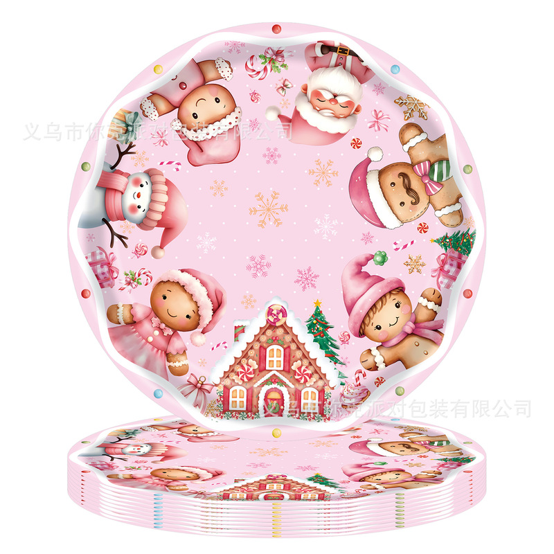 粉色姜饼人圣诞纸盘卡通餐盘一次性纸杯纸巾桌布儿童聚会装饰|undefined