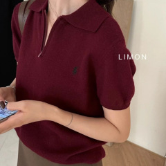 グレーpoloシャツレディース夏新作韓国系刺繍プラス肩tシャツデザイン感ショート丈ニット半袖トップス