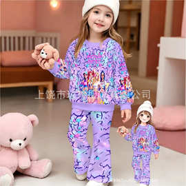 女童2026新款3D印花卫衣套装 圣诞雪花格子家居服喇叭裤两件