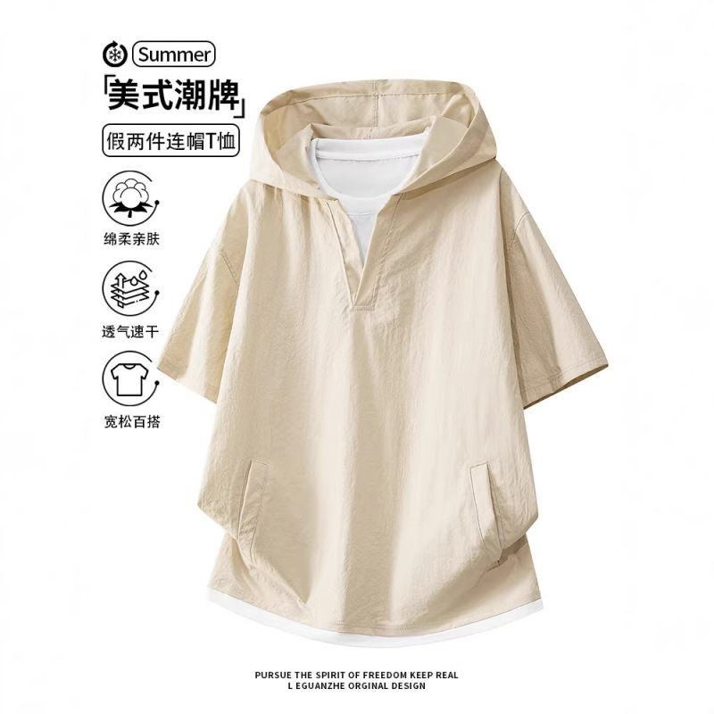 Nasa Fake Two-Piece Hooded Short-Sleeved T-Shirt Men's Summer New Ice Silk Quick-Drying Half-Sleeved Top Sports T-Shirt