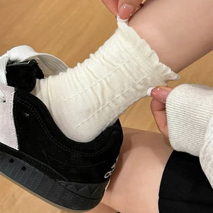 White Socks for Women, Japanese Style Pleated Lace Socks, Pure Cotton Mid-Calf Socks, Pile Socks, Summer Thin Ins Style, Deodorant