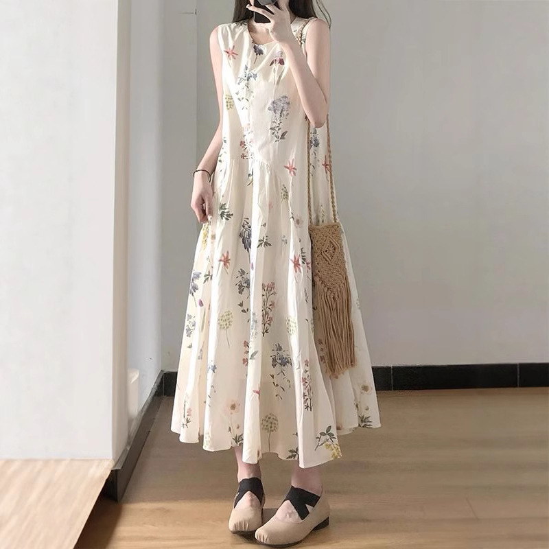 フレンチティーブレイクノースリーブラウンドネック花柄ベストドレス夏の女子学生ルーズ痩身ホリデーロングドレス|undefined