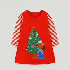 Cross-border supply: European and American-style autumn dress for girls—cute Christmas tree–patchwork skirt, ideal for toddlers and young children as a long gown.