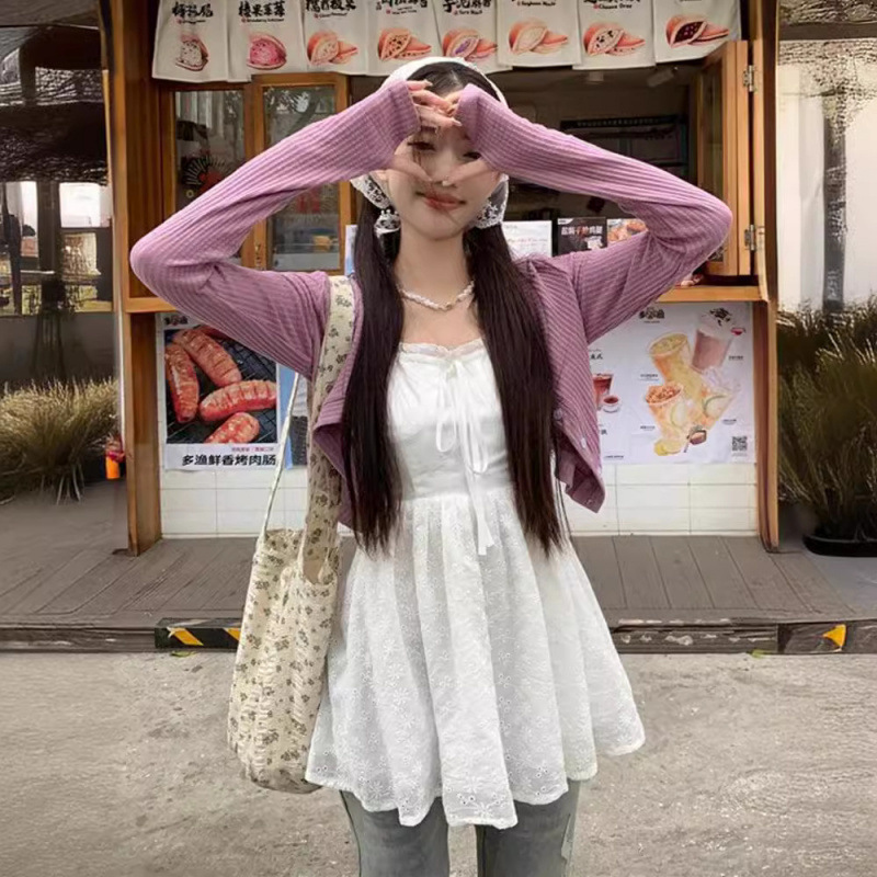 chubby girl plus size Women's White Lace Small Sling 2025 Niche Strap A Character Design All-match Knitted Cardigan