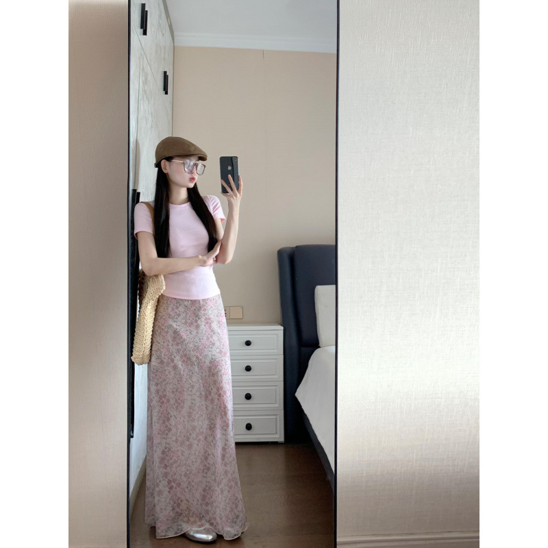 三标齐全 天猫品质 五线打边 粉色碎花半身裙女高腰中长款鱼尾裙|undefined