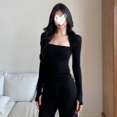 2025秋季新款设计感方领长袖T恤正肩辣妹修身显瘦百搭纯欲女上衣