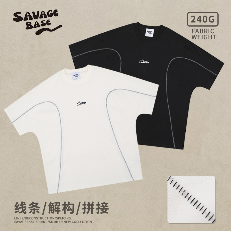 High Street Dark Style Three-dimensional Cutting Special Machine Hand-stitching Deconstructed Profile Niche Trendy Brand All-match Short-sleeve T-shirt for Couples