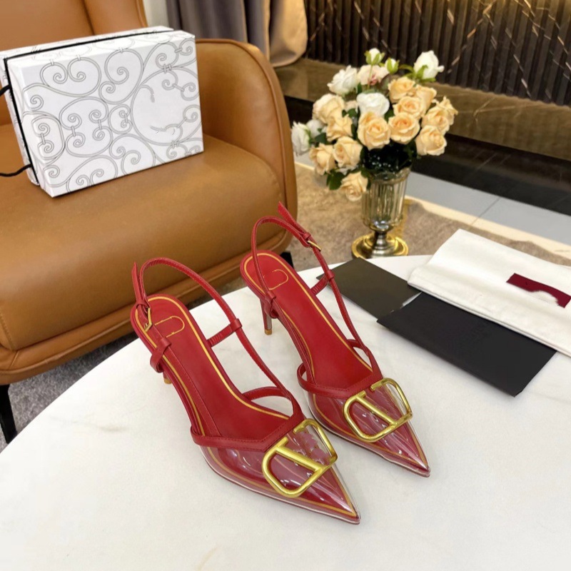 2024新款欧美女士中东真皮高跟金属扣透明拖鞋居家外穿气质凉鞋厂