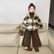 韩版女童加绒加厚秋冬季三件套2024新款女宝小香风外套毛衣阔腿裤