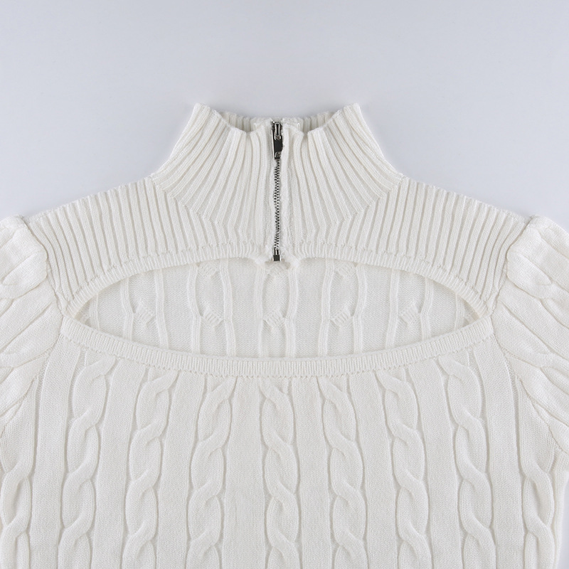 Knitted Zipper Hollow Slim High-Neck Long Sleeve Sweater NSSSN115004