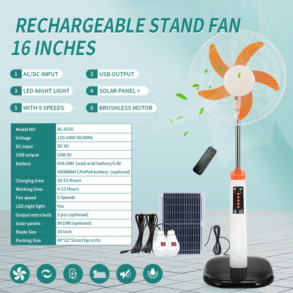 16 pulgadas nuevo motor sin escobillas ventilador de carga solar ventilador de piso sudeste asiático venta caliente para una sola máquina de apagón