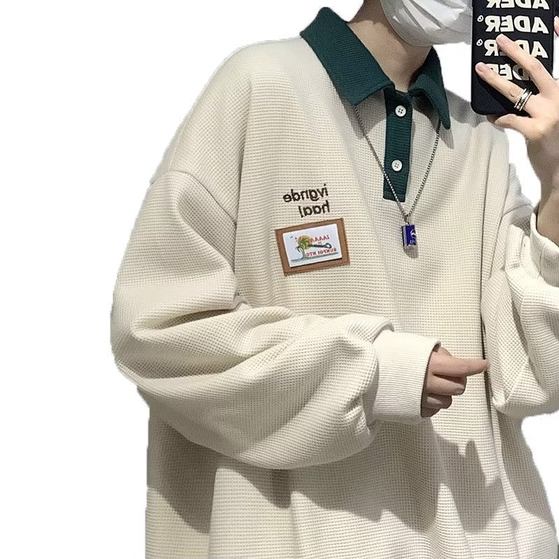 Suéter de los hombres waffle camisa polo otoño ins moda suelta japonés retro casual niños abrigo solapa