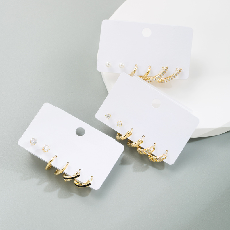 Fashion Round Copper Plating Inlay Pearl Zircon Hoop Earrings 6 Pieces