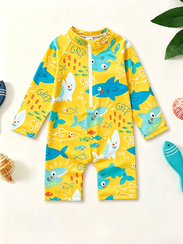 Cross-border children's swim cap, unisex swimwear, one-time dropshipping, shark-themed baby swim suit, wholesale, long-sleeved baby romper swimwear