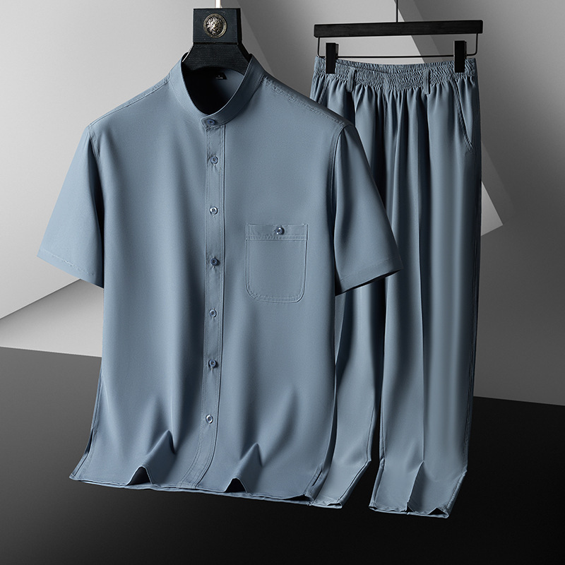 Middle-aged and elderly summer thin short-sleeved shirt men's father's summer shirt two-piece set grandpa ice silk quick-drying suit Middle-aged and elderly summer thin short-sleeved shirt men's father's summer shirt two-piece set grandpa ice silk quick-drying suit