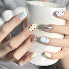 彩色波點可愛清新奶藍短款穿戴甲ins風美甲可拆卸魔鏡銀
