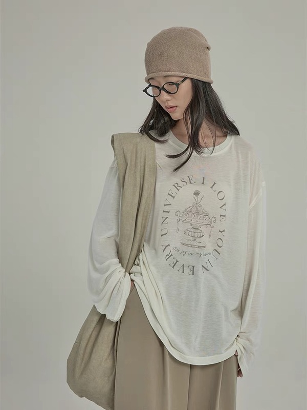 花坛印花微透圆领长袖T恤女夏季薄款韩版宽松百搭轻薄防晒上衣|undefined