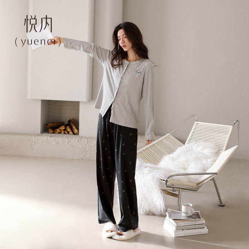 悦内睡衣女春秋季秋款纯棉长袖长裤家居服休闲开衫套装可外穿出门|undefined