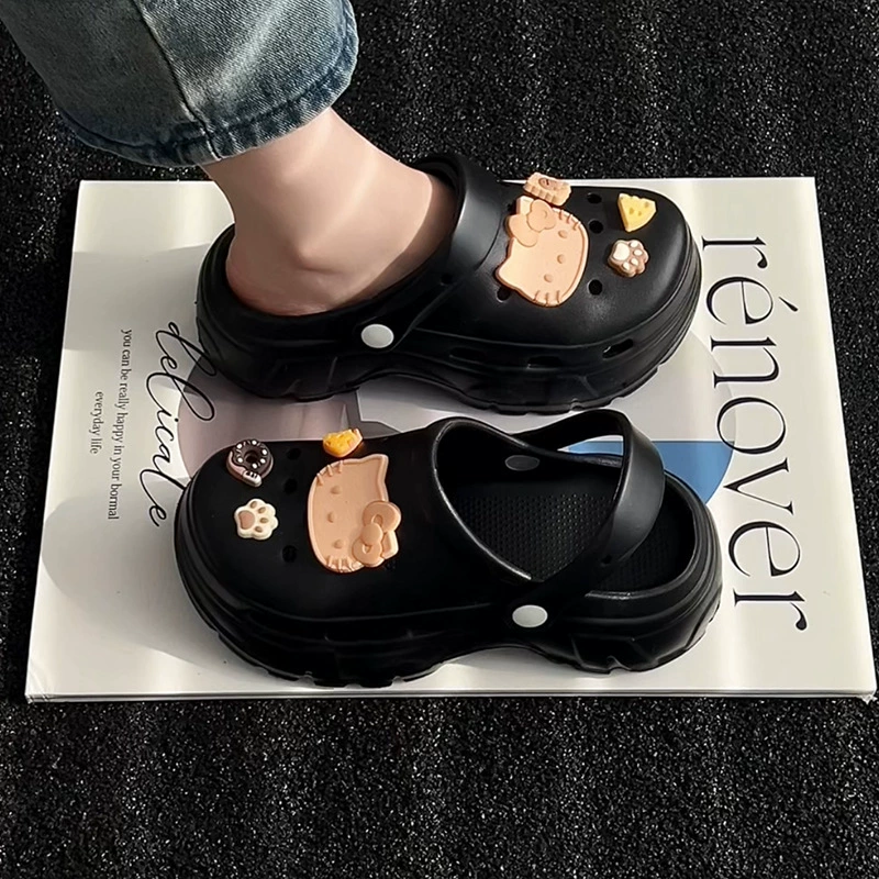 Новые летние сабо, увеличивающие рост, для женщин, верхняя одежда на толстой подошве, нескользящие двухслойные тапочки с носком, милая пляжная обувь с героями мультфильмов.