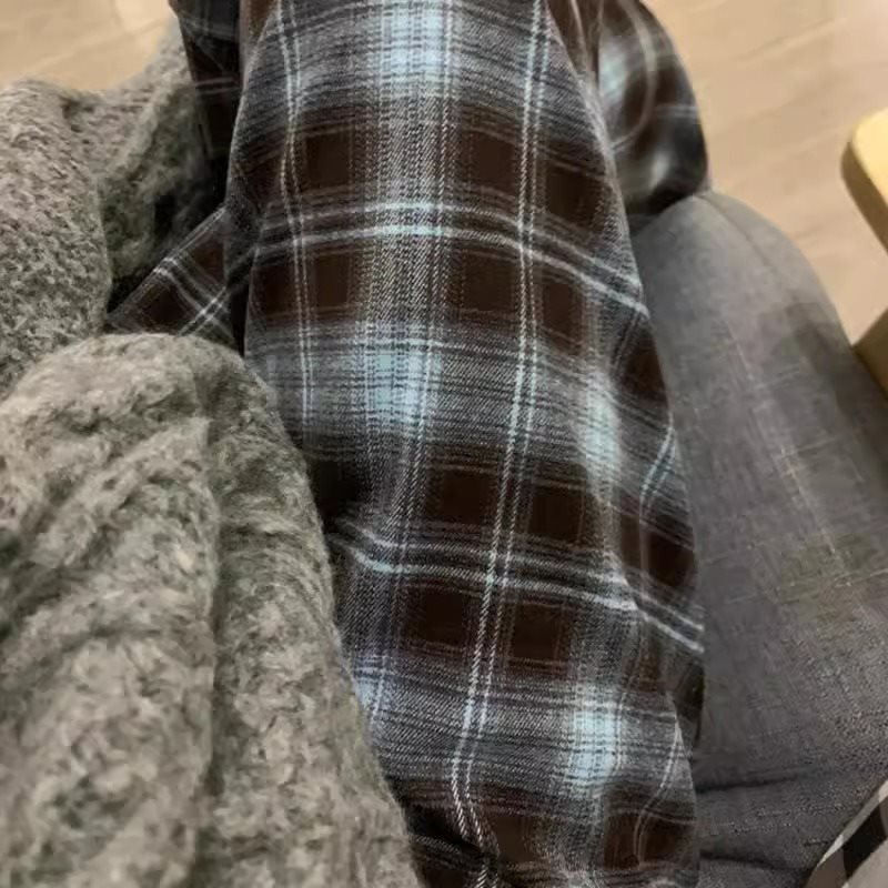 빈티지 모직 격자 무늬 와이드 레그 바지 여성용 가을과 겨울 기모 플러스 사이즈 통통녀 느슨한 슬림 핏 스트레이트 바지