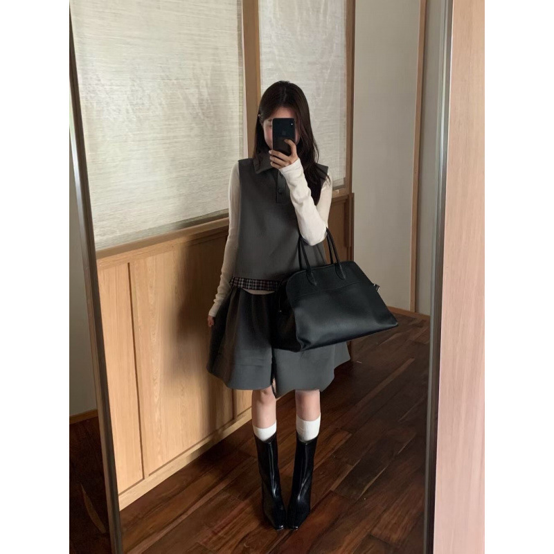 现货～韩系2025秋季学院风娃娃领马甲+花边半身裙套装|undefined