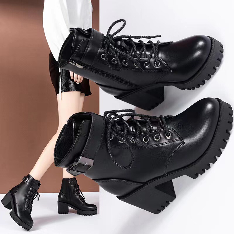 plus size foreign trade high heel boots 2024 autumn and winter new European and American black martin boots round head thick heel belt buckle women's short boots