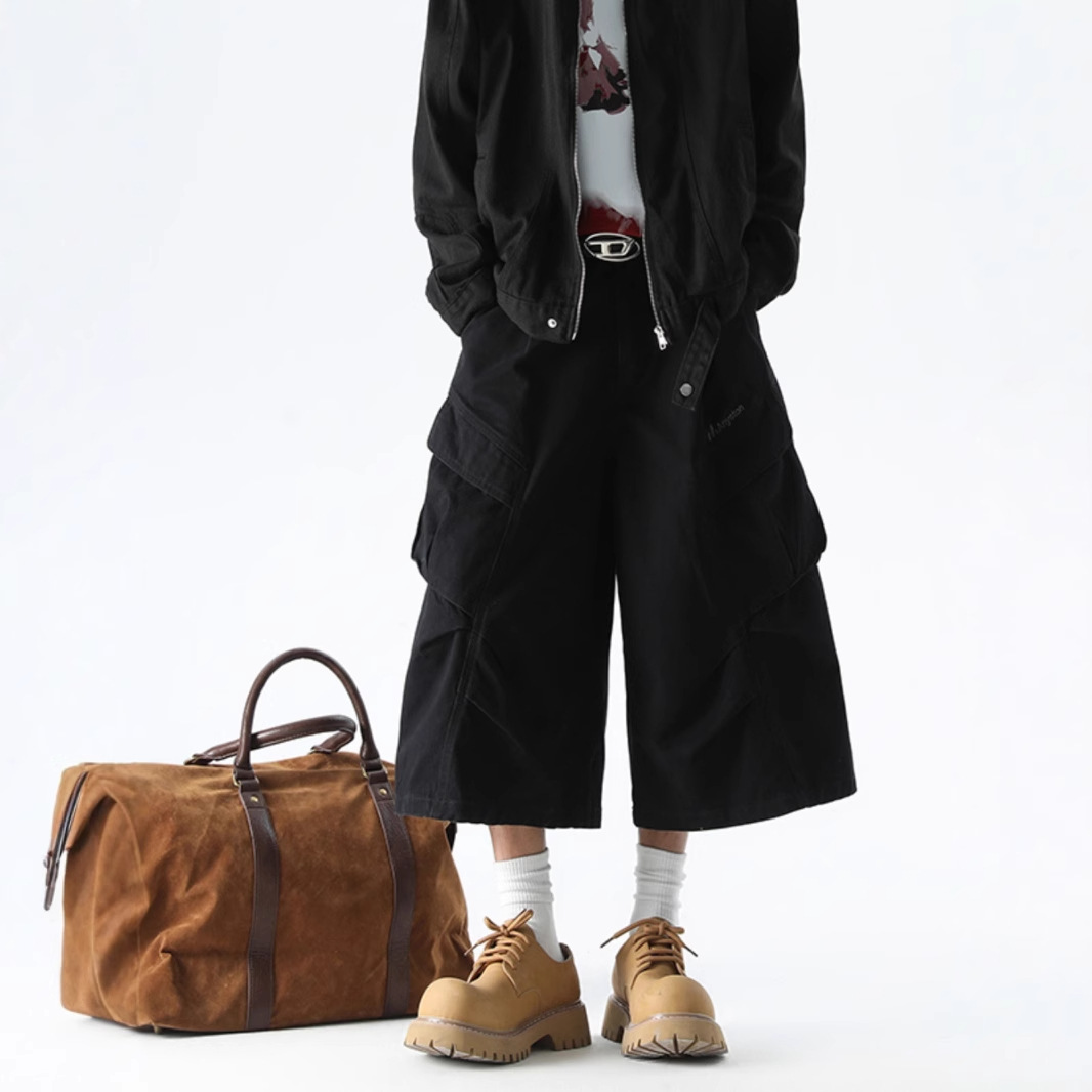 Multi-Pocket Cargo Cropped Pants Men's 2025 Summer New American Style Wide-Leg Loose Straight Casual Shorts Trendy