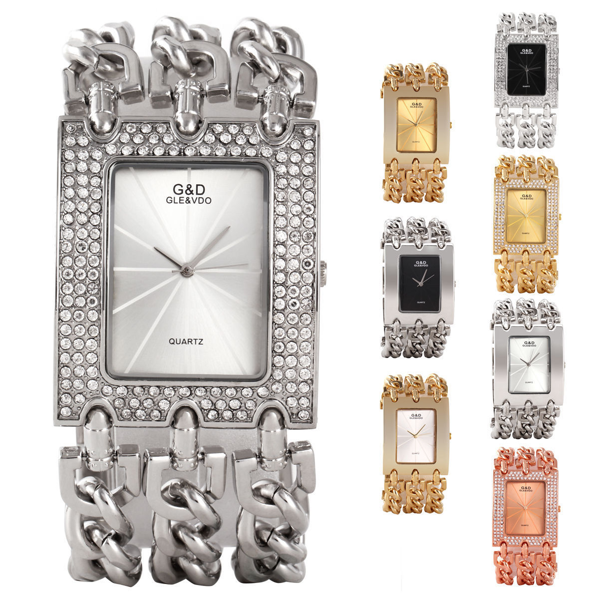 Foreign trade three chain with drill without drill wide band large small size bracelet steel band wrist watch quartz watch G & D