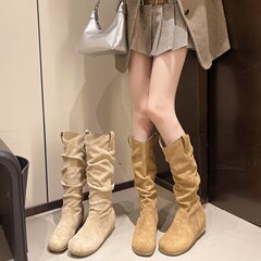 牛皮版~骄屿勃肯长筒靴女2025秋冬新款褶皱堆堆靴内增高博肯长靴