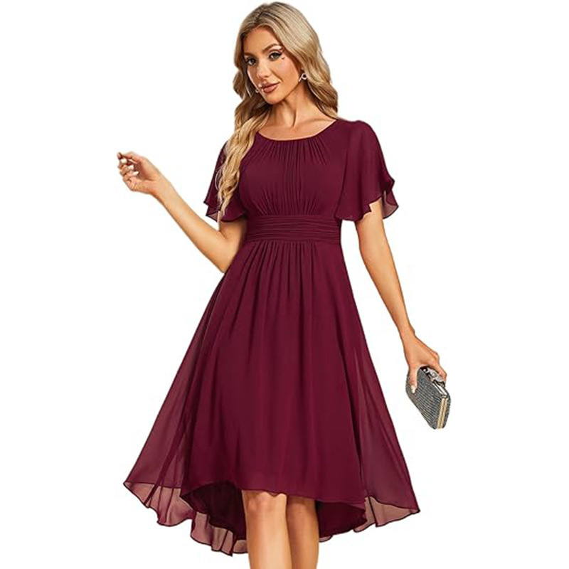 Amazon European and American Women's Crewneck Pleated Short Sleeve Wedding Guest Elegant Evening Dress Chiffon Bridesmaid Dress