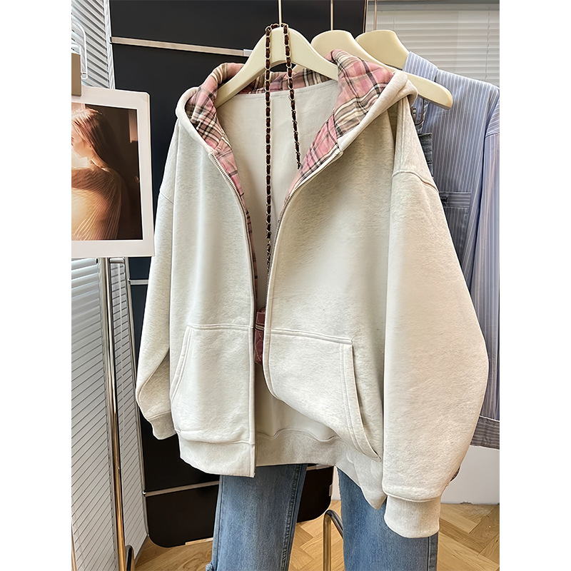 Imitation Cotton Cardigan with Zipper Jacket Dopamine Patchwork Plaid Versatile Lazy Style Simple Sweatshirt for Women