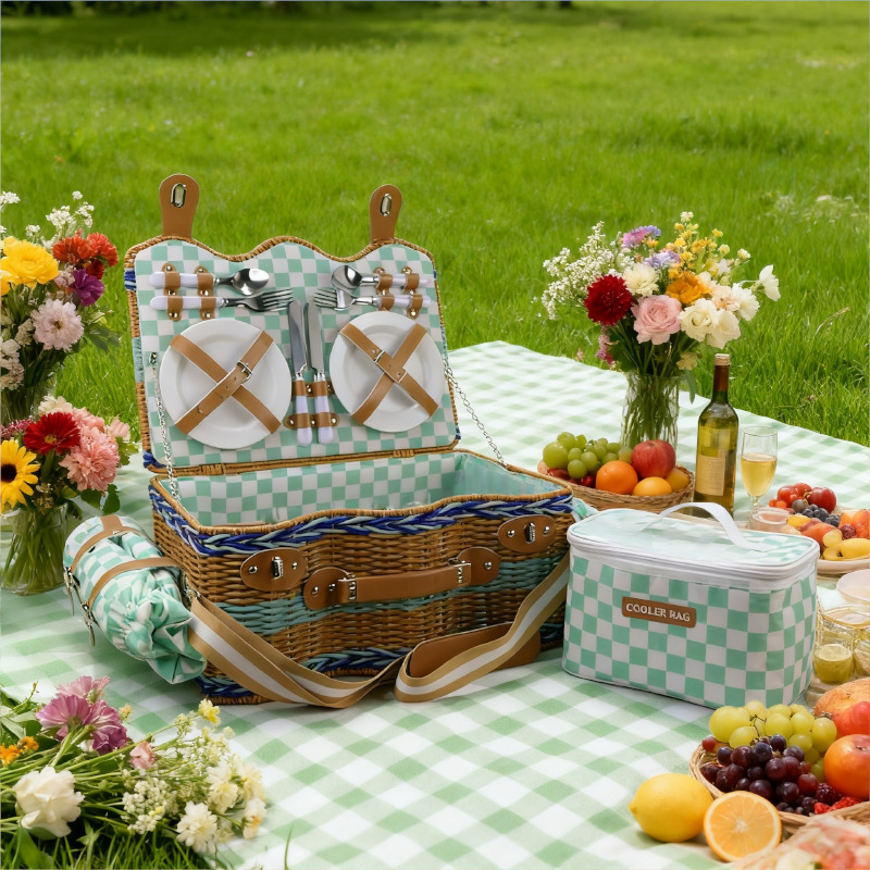 Picnic transfronterizo al aire libre preparación de cestas de almacenamiento camping picnic cestas con cubierta set picnic con paquete de hielo cojín picnic