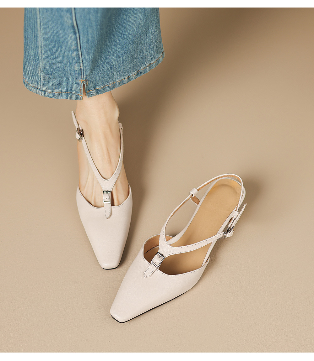 Sandal nữ quai ngang mũi kín da cừu gót thô 4 cm phong cách Hàn Quốc — đen chi tiết 2