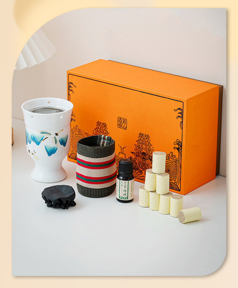 Ceramic Moxibustion Jar Gift Set Portable White Porcelain Cup with Moxa Sticks for Meridian Warming preparation