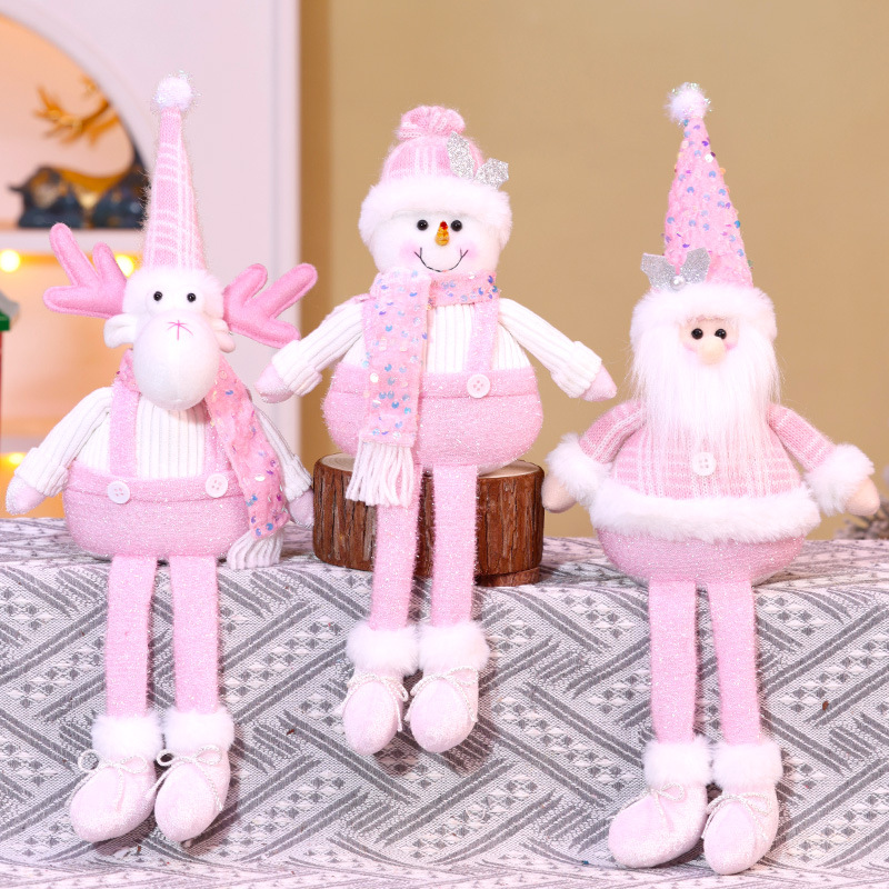 新品圣诞节粉色长腿公仔摆件圣诞亮片格子老人雪人麋鹿装饰品