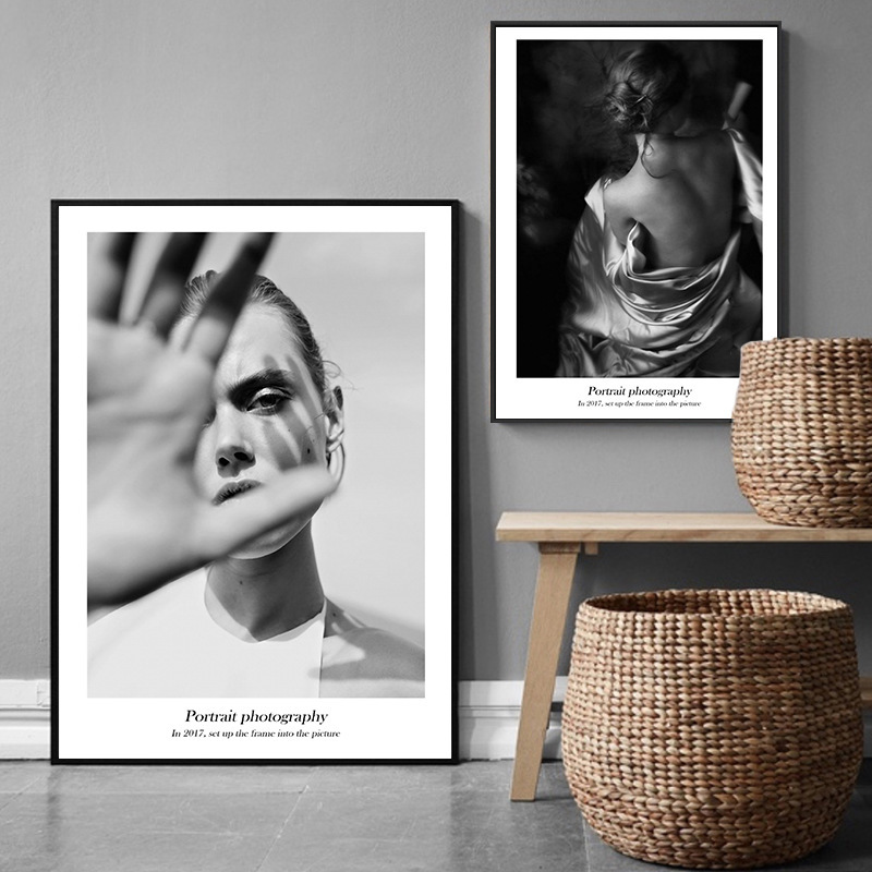 Black-and-white portrait photography bedroom bedside decorative painting modern character studio background setting table niche art hanging painting