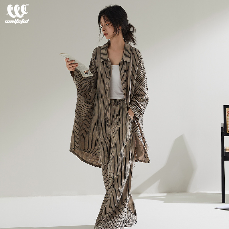 Pajamas Women's Spring and Autumn Pure Cotton Striped Long-sleeved Wide-leg Trousers for Outer Wearing New Arrival plus size Home Clothes suit