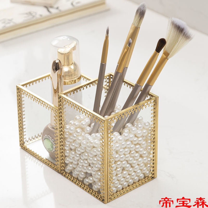 北欧风化妆刷子收纳桶珍珠玻璃美妆刷具筒眼线眉笔收纳盒金边